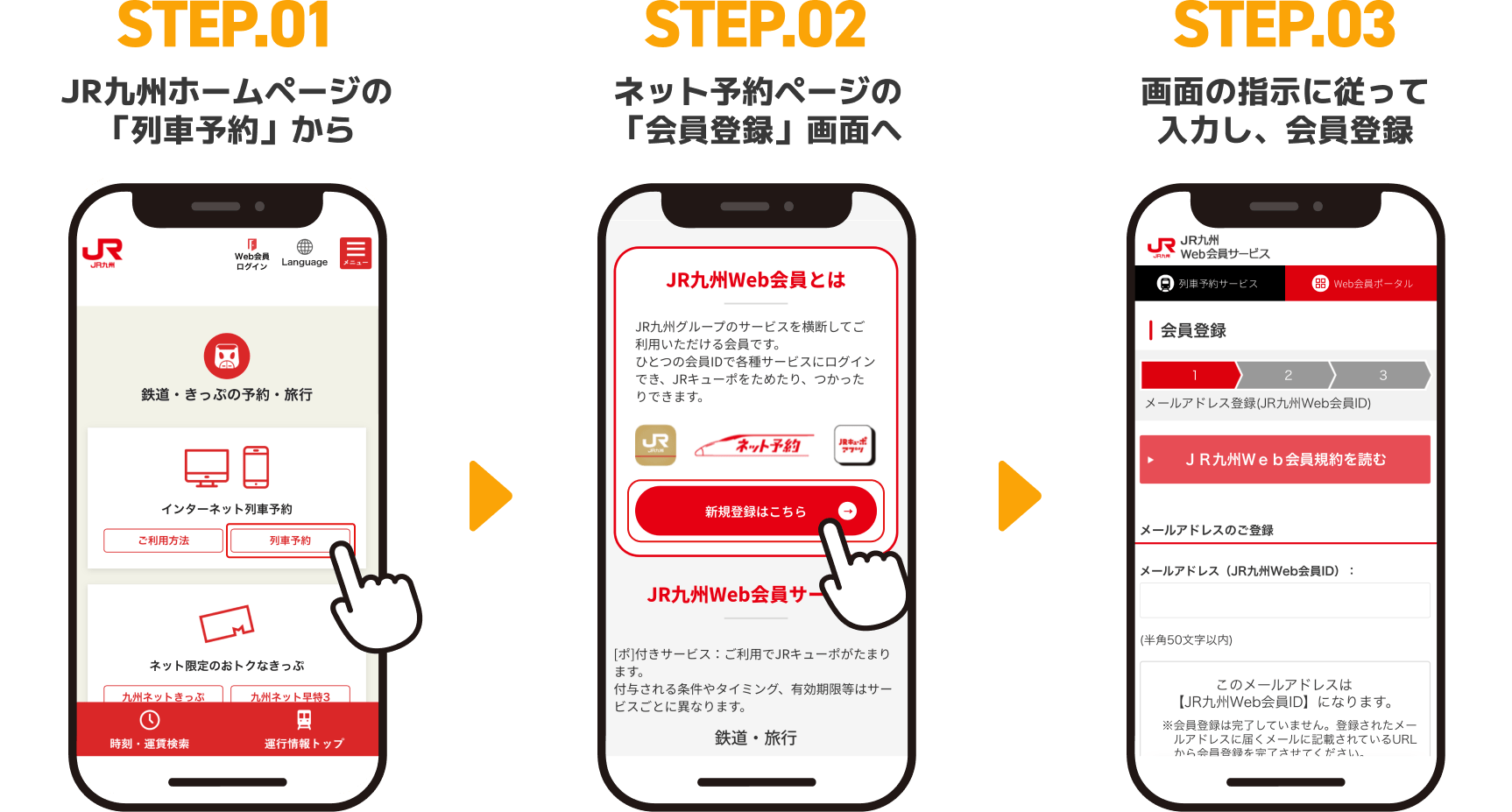 【STEP.01】JR九州ホームページの「列車予約」から 【STEP.02】ネット予約ページの「会員登録」画面へ 【STEP.03】画面の指示に従って入力し、会員登録