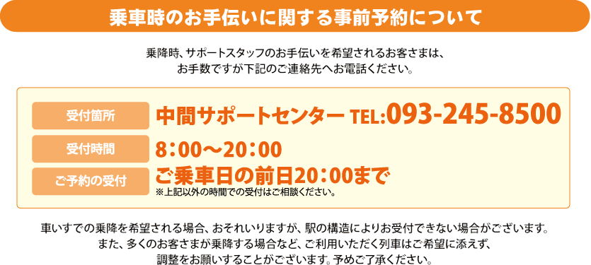 乗降時のお手伝いに関する事前予約について 受付箇所 中間サポートセンターTEL:093-245-8500 受付時間 8:00~20:00 ご予約の受付 ご乗車日の前日20:00まで