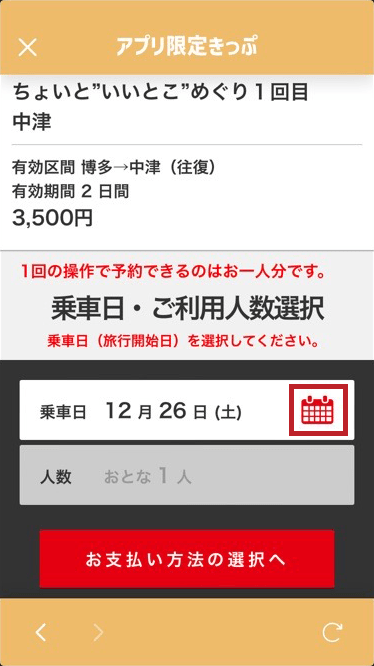 乗車日を選択して「お支払い方法の選択へ」をタップ