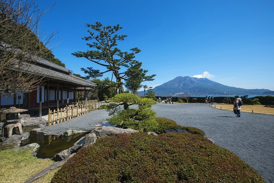 A picturesque garden with Sakurajima as a backdrop