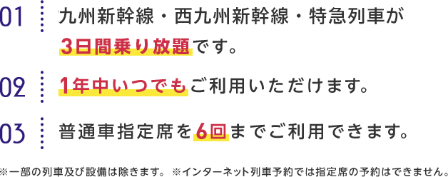 01 九州新幹線・特急列車が3日間乗り放題です。 02 1年中いつでもご利用いただけます。 03 普通車指定席を6回までご利用できます。