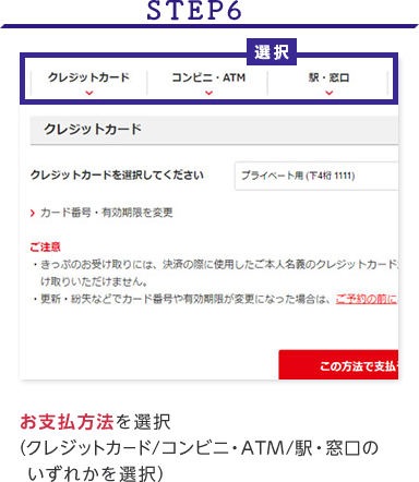 STEP6 お支払方法を選択 (クレジットカード/コンビニ・ATM/駅・窓口のいずれかを選択)