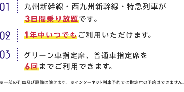 01 九州新幹線・特急列車が3日間乗り放題です。 02 1年中いつでもご利用いただけます。 03 普通車指定席を6回までご利用できます。