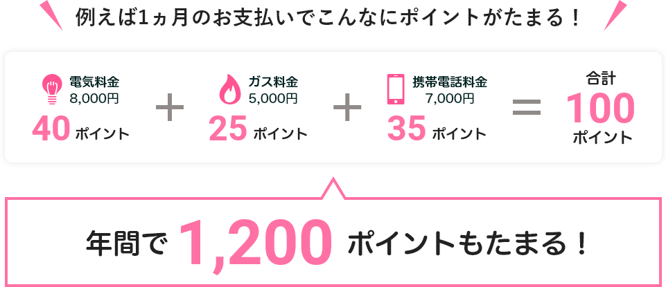 例えば1ヵ月のお支払いでこんなにポイントがたまる！ 電気料金8,000円40ポイント＋ガス料金5,000円25ポイント＋携帯電話料金7,000円35ポイント=合計100ポイント