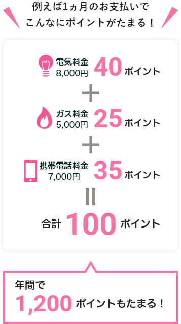 例えば1ヵ月のお支払いでこんなにポイントがたまる！ 電気料金8,000円40ポイント＋ガス料金5,000円25ポイント＋携帯電話料金7,000円35ポイント=合計100ポイント