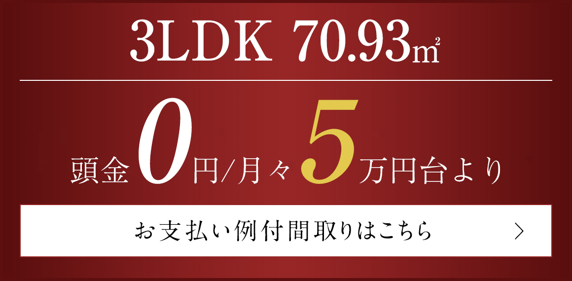 3LDK／70.93㎡　頭金0円、月々5万円台より