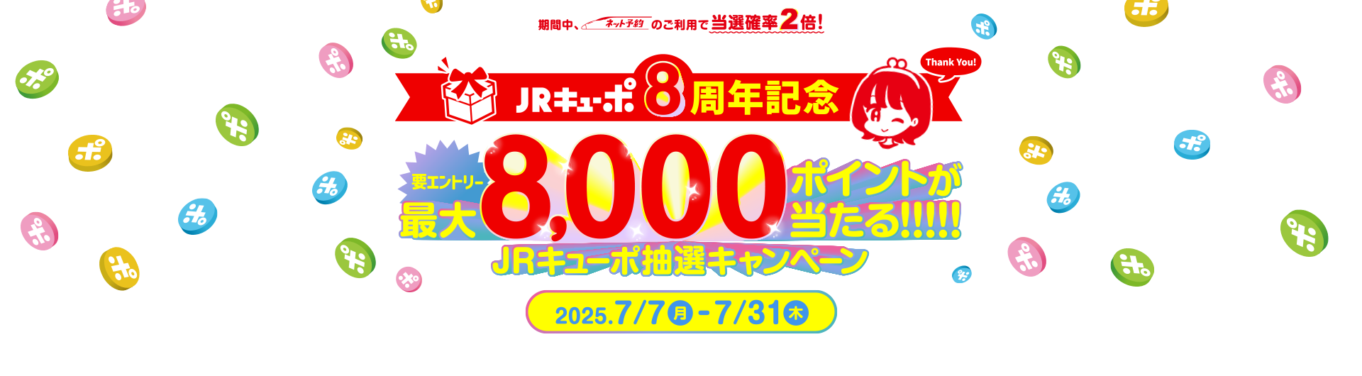 JRキューポ8周年記念要エントリー最大8,000ポイントが当たる!!!!!JRキューポ抽選キャンペーン