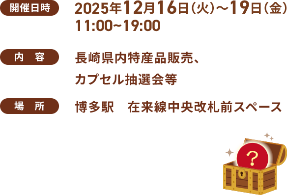 開催日時：12月16日(火)～19日(金)11:00～19:00 / 長崎県内特産品販売、カプセル抽選会等 / 場所：博多駅　在来線中央改札前スペース