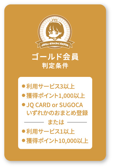 ゴールド会員判定条件 ●利用サービス3以上●獲得ポイント1,000以上●JQ CARD or SUGOCAいずれかのおまとめ登録または●利用サービス1以上●獲得ポイント10,000以上